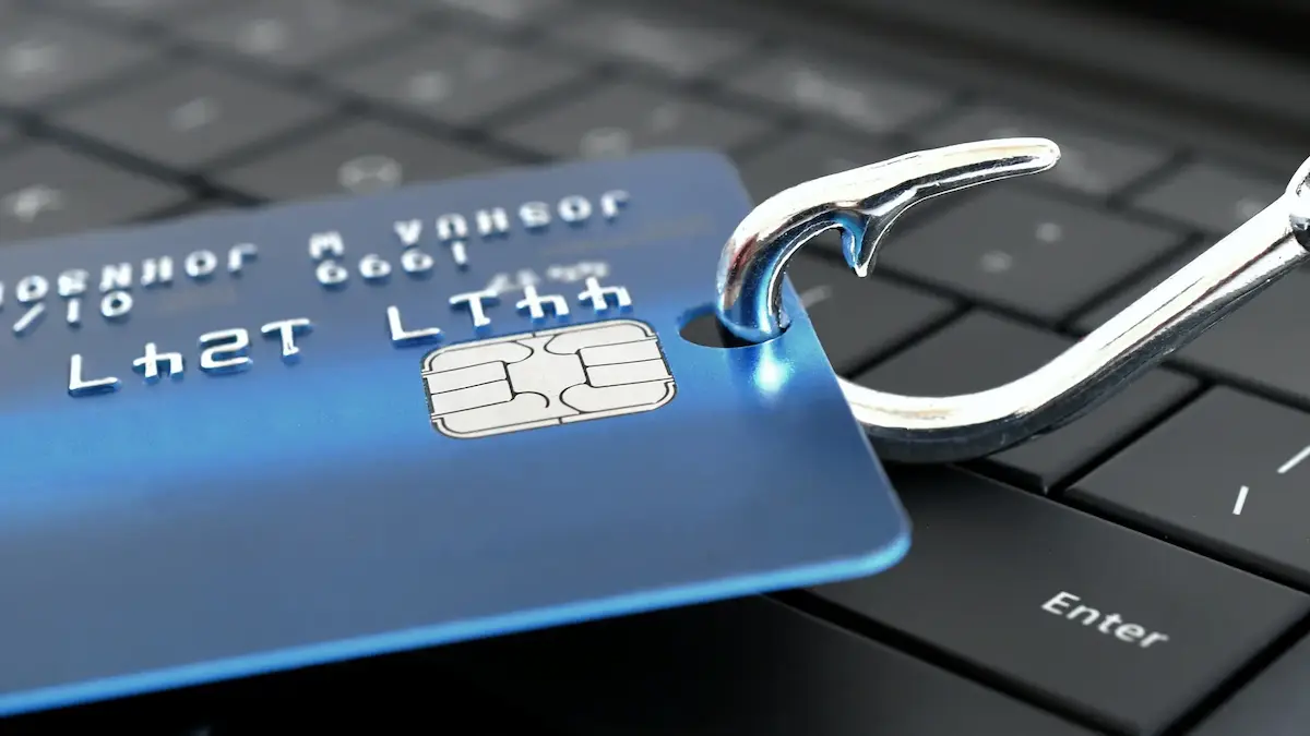 tarjeta bancaria sobre un teclado atravesada por un anzuelo